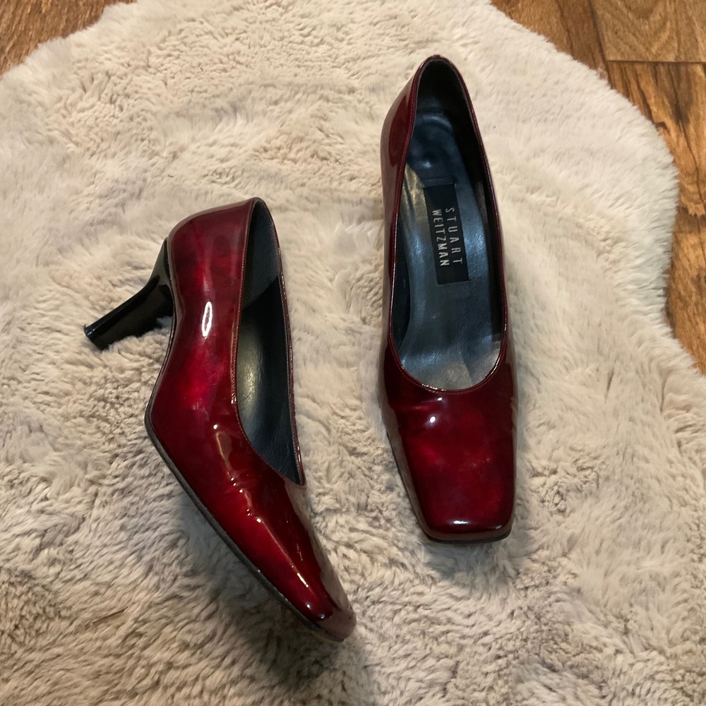 Stuart Weitzman 8 Square Toe Heels Red Patent Shoes